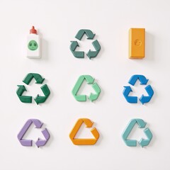 Obraz premium Cartoon-style recycling symbols on a simple isolated design with a clean white backdrop