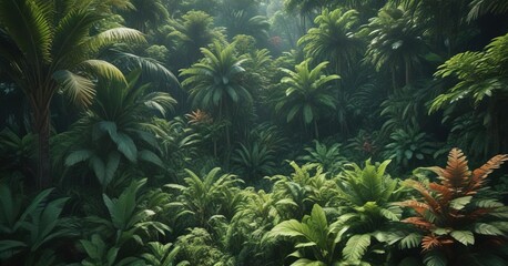 Fototapeta premium High-angle shot of a tropical forest with dense foliage and vibrant green leaves , nature, outdoor, botanical
