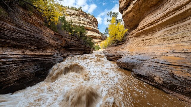Rapid river flowing through a narrow canyon with autumn foliage.