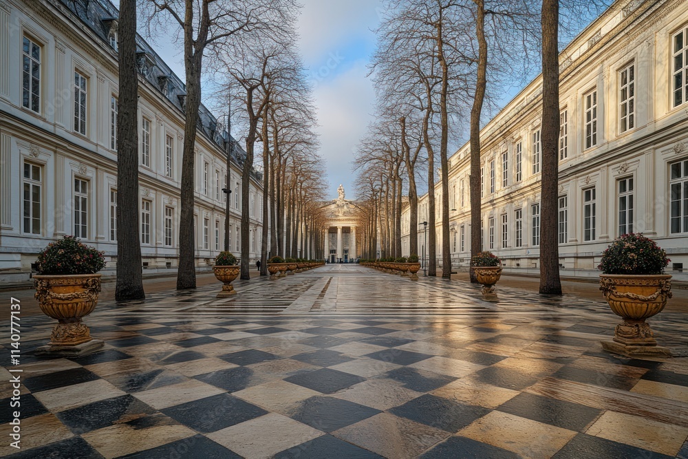 Leinwandbilder a serene courtyard lined with trees and elegant architecture, reflecting tranquility.