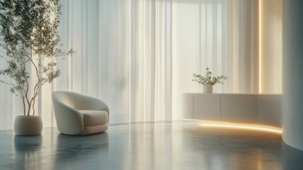 A serene modern interior with a cozy chair, soft lighting, and a plant accent.