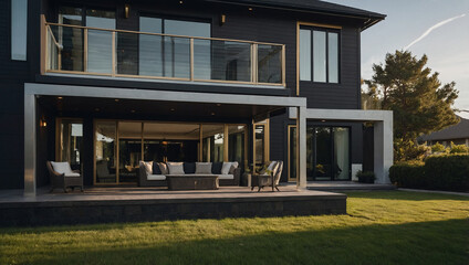 Fototapeta premium Contemporary dark-grey two-story house with large windows, a balcony with glass railings, and an outdoor patio with seating. The house features a modern design and is situated on a manicured lawn.