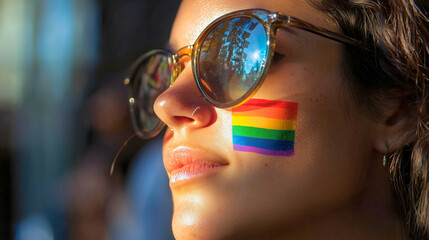 An LGBT woman who is proud of this, as she has decorated her face with the LGBT flag, a symbol of freedom and equality that this woman advocates for.