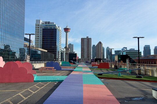 High Park on top of a parking garage in Calgary with view of Calgary Tower