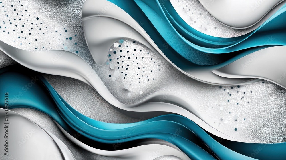 Poster Abstract waves in blue and white with textured patterns and dots.