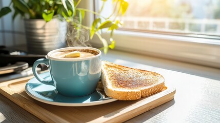 Steaming coffee with butter and toasted bread on a sunny morning.