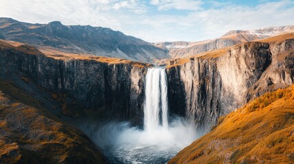 Obraz premium Path of beginning and start exploration, A stunning waterfall cascades down rugged cliffs surrounded by vibrant autumn foliage under a bright, blue sky.