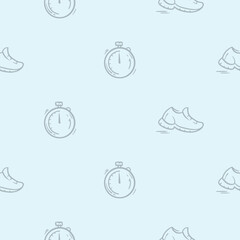 Simple black and white seamless pattern with stopwatch and sneakers. Vector editable background for sport, fitness, gym and healthy lifestyle. Hand drawn design for decoration, wrapping paper, print