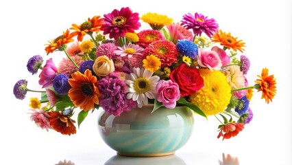 Obraz premium Vibrant spring blossoms burst in a colorful vase, stark against a pure white backdrop.