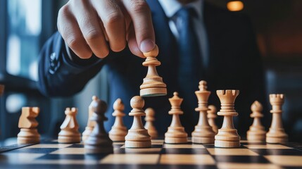 Person's hand moves chess piece; strategic game in progress.