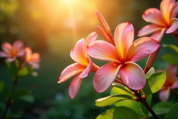 Fototapeta premium Frangipanier flowers in a warm light with reflections, outdoorsy, warm