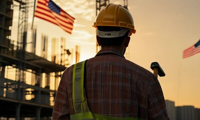 Construction Worker at Sunset with American Flag in Background