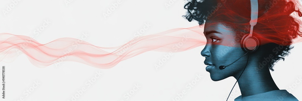 Poster A profile of a person wearing a headset, with dynamic wave patterns in the background.