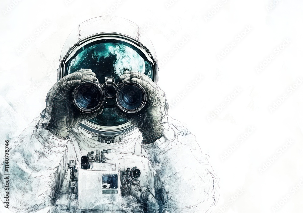 Fototapete an astronaut using binoculars to observe earth, blending space and exploration themes.