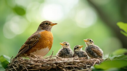 A mother bird sits in a nest with her three chicks, surrounded by lush greenery, symbolizing care and nurturing in nature.