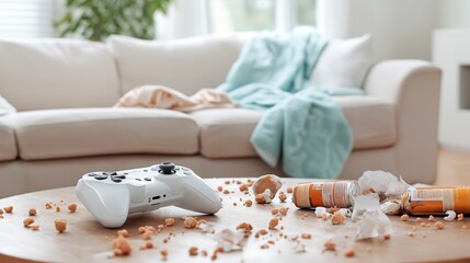 A cluttered living room scene featuring an untidy coffee table with a white video game controller, spilled snacks, and beverage cans. The cozy, yet chaotic, modern space suggests relaxation and a game