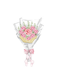 Rose Bouquet with white paper and pink bow