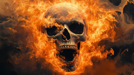 A detailed skull with a gaping mouth, surrounded by swirling orange smoke, creating an intense and surreal effect, resembling an explosion or a fiery aura. Chasm. Illustration