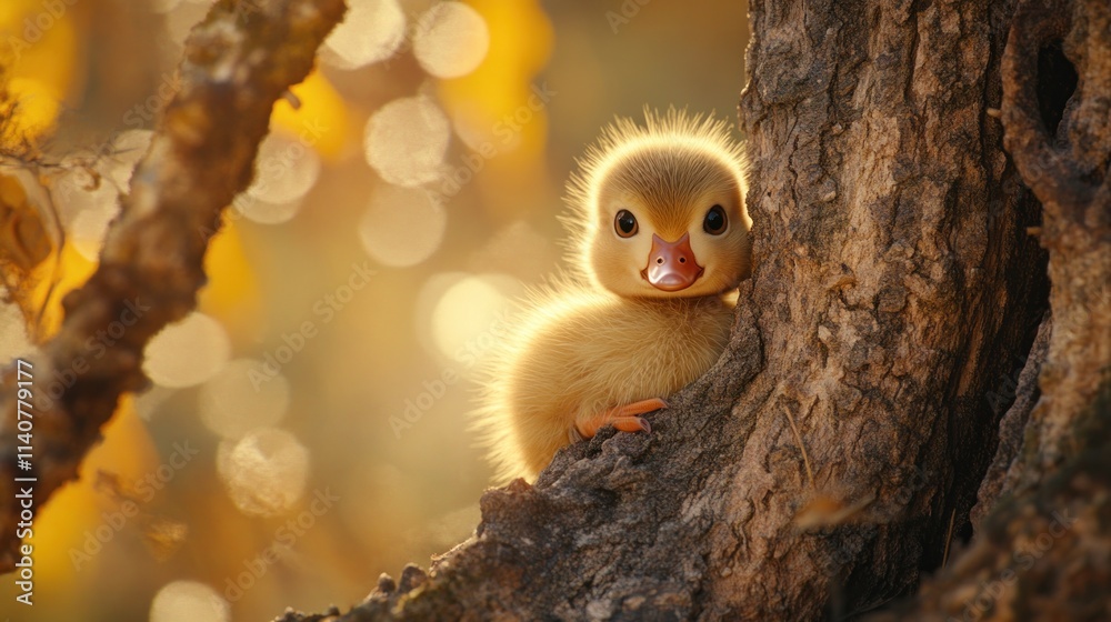 Poster a fluffy duckling peeks from behind a tree, surrounded by soft, warm bokeh lights.