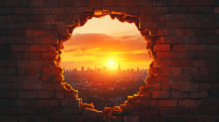 A gaping hole in a brick wall reveals a beautiful sunset over a distant cityscape, symbolizing a path to new opportunities and the promise of a brighter future. Chasm. Illustration