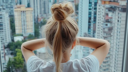 Fototapeta premium A young person with a messy hair bun gazes out of a window at a high-rise cityscape. Isolation from society, depression in children and mental health. Introspection, solitude, and urban melancholy