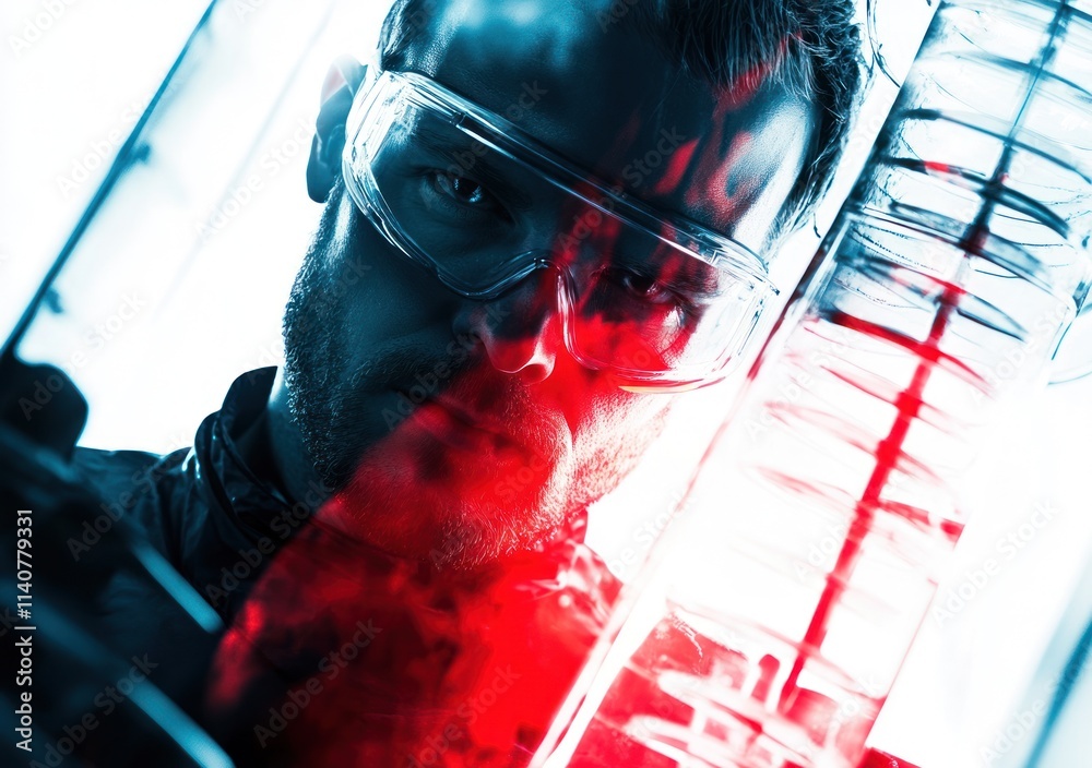Aufkleber A scientist in protective eyewear examines a liquid in a laboratory setting.