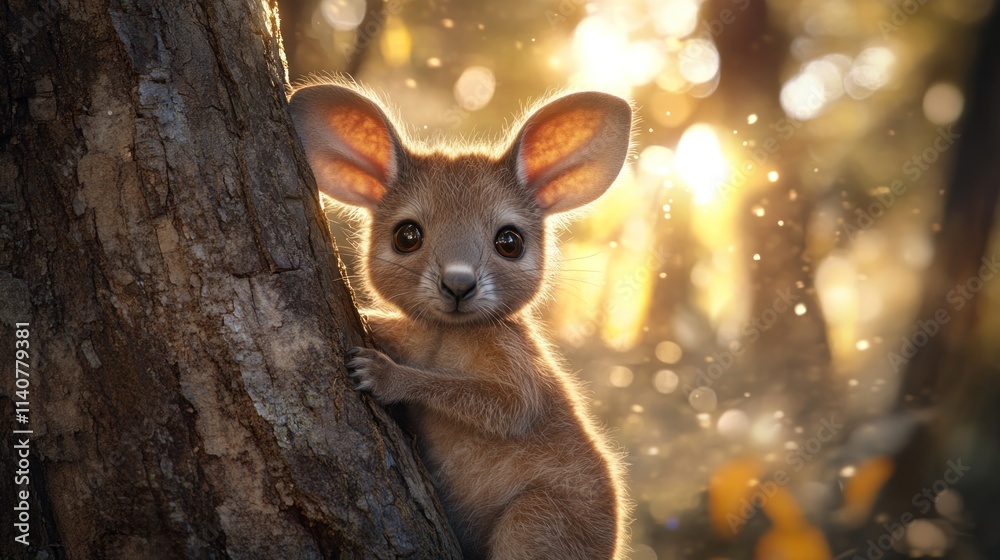 Poster a cute, furry creature peeks from behind a tree, surrounded by a soft, glowing forest backdrop.