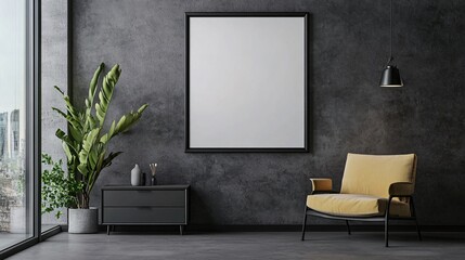 Modern living space featuring a monochrome design with a touch of greenery.