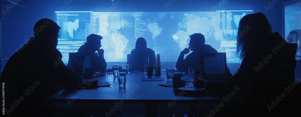 Aufkleber a dimly lit room with individuals discussing data on screens, highlighting teamwork and analysis.