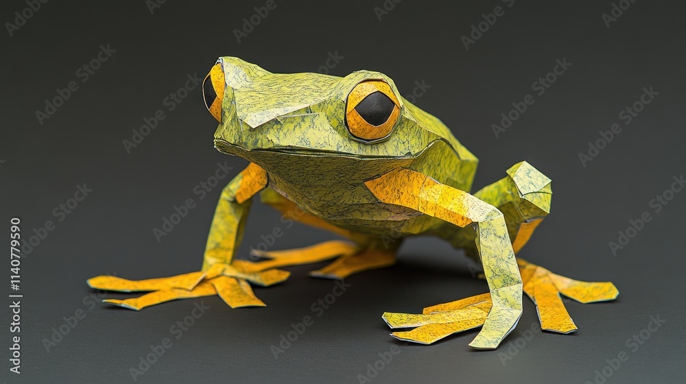 Poster a colorful paper origami frog model showcasing intricate design and craftsmanship.