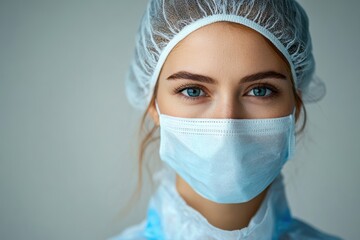 Professional healthcare worker in protective attire, standing confidently on a clean white background for branding use.