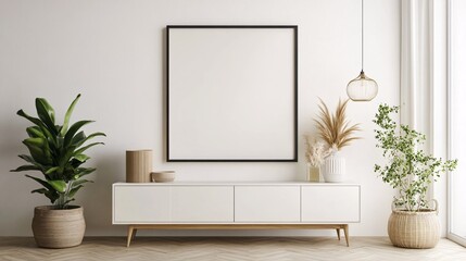 A modern living room with a minimalistic design featuring neutral tones and elegant greenery.