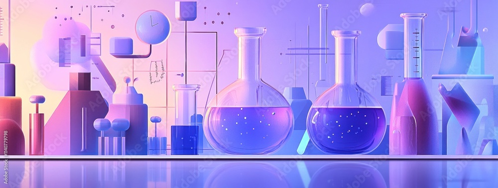 Poster colorful laboratory scene with flasks and abstract shapes, evoking a scientific atmosphere.