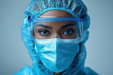 Professional healthcare worker in protective attire, standing confidently on a clean white background for branding use.