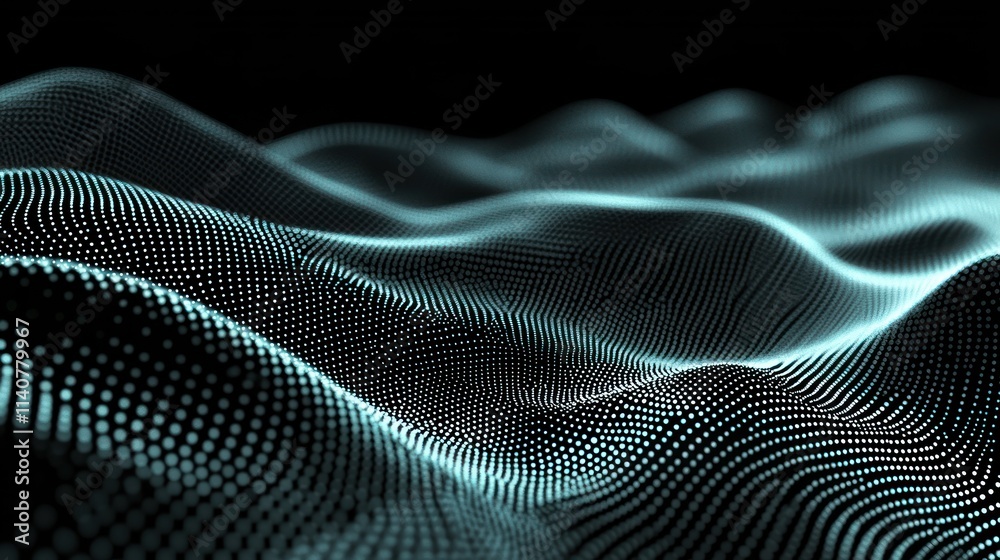 Poster Abstract representation of waves with a glowing, dotted pattern on a dark background.