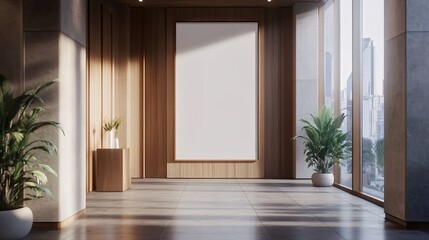 Modern interior of a well-lit gallery space featuring wooden accents and large windows.