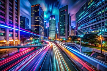 Obraz premium Vibrant Night Lights Long Exposure Photography, Abstract Colorful Backgrounds, Dark Cityscape, Illuminated Streets, Glowing Neon, Light Trails, Night Photography, City at Night, 