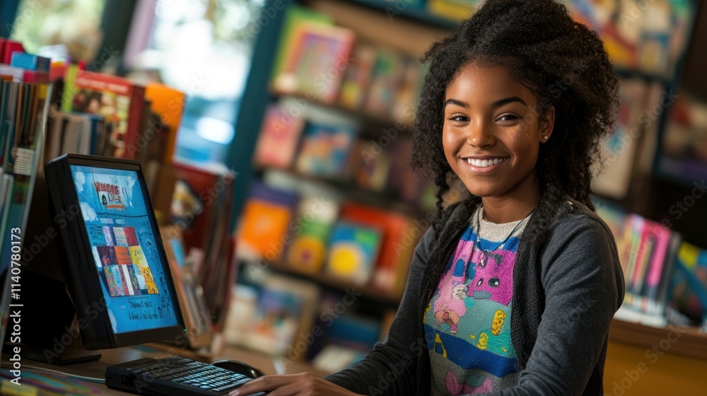 Poster a young girl smiles while working at a computer in a colorful bookstore.