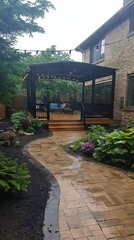 Obraz premium A serene backyard with a gazebo and pathway, surrounded by lush greenery.