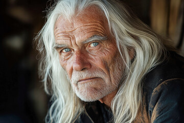 Elderly caucasian male with long gray hair and blue eyes in thoughtful expression