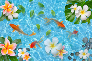 High quality image for design 3d floor and wallpaper. Fish and flowers on the background of river...