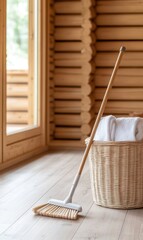 Clean Wooden Floor with Mop and Basket in Cozy Log Cabin Interior Natural Light Design