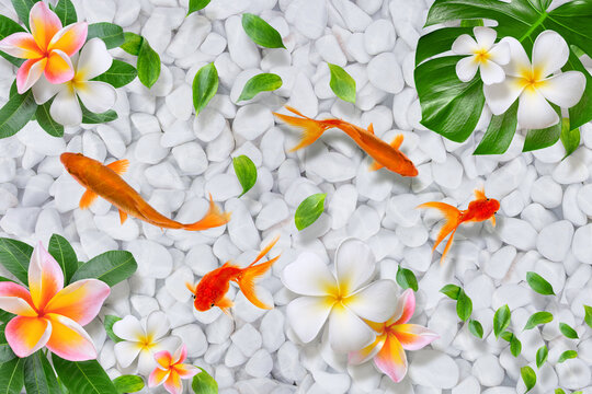 High quality image for design 3d floor and wallpaper. Fish and flowers on the background of river stone