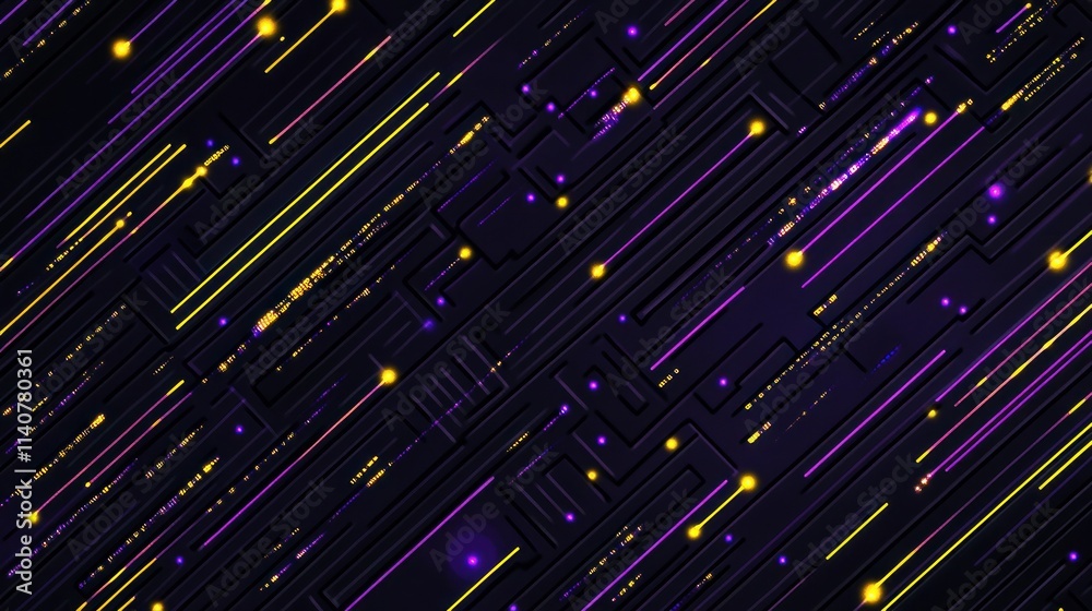 Leinwandbilder Abstract digital background with lines and glowing dots in purple and yellow on a dark surface.