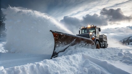 A close-up of a snowplow's large blade pushing aside heavy snow, dynamic action shot, snow flying through the air, sharp focus on machinery dramatic snowy weather