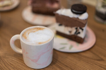 cake and cup of black coffee, tasty snack or coffee time with slice of cake