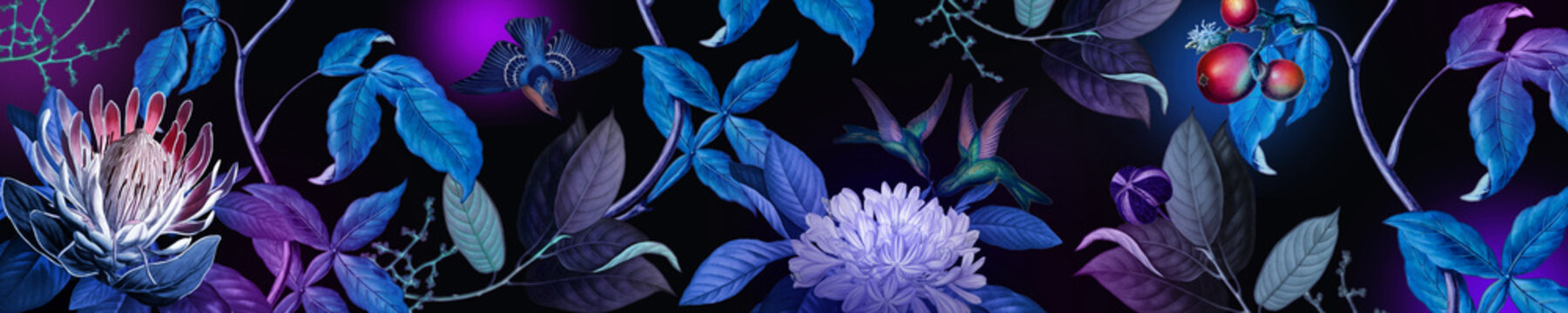 Fantasy background of a magical purple dark night flowers. Panoramic image banne 