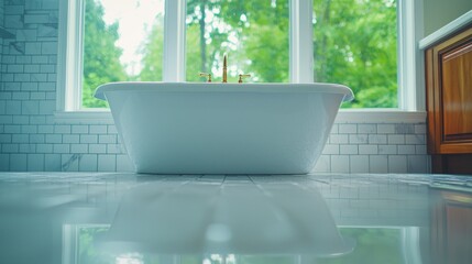 Fototapeta premium A serene bathroom featuring a freestanding tub and large windows.