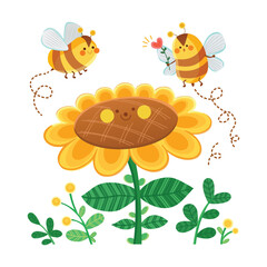 Vector Illustration of Sunflower with cute bees