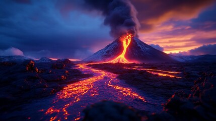Erupting volcano at sunset, lava flowing down mountainside.